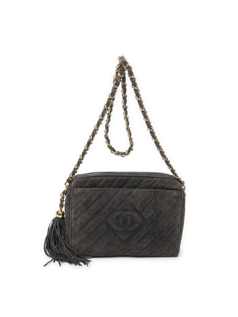 Chanel CC Tassel Camera Bag Gray Quilted Suede Leather